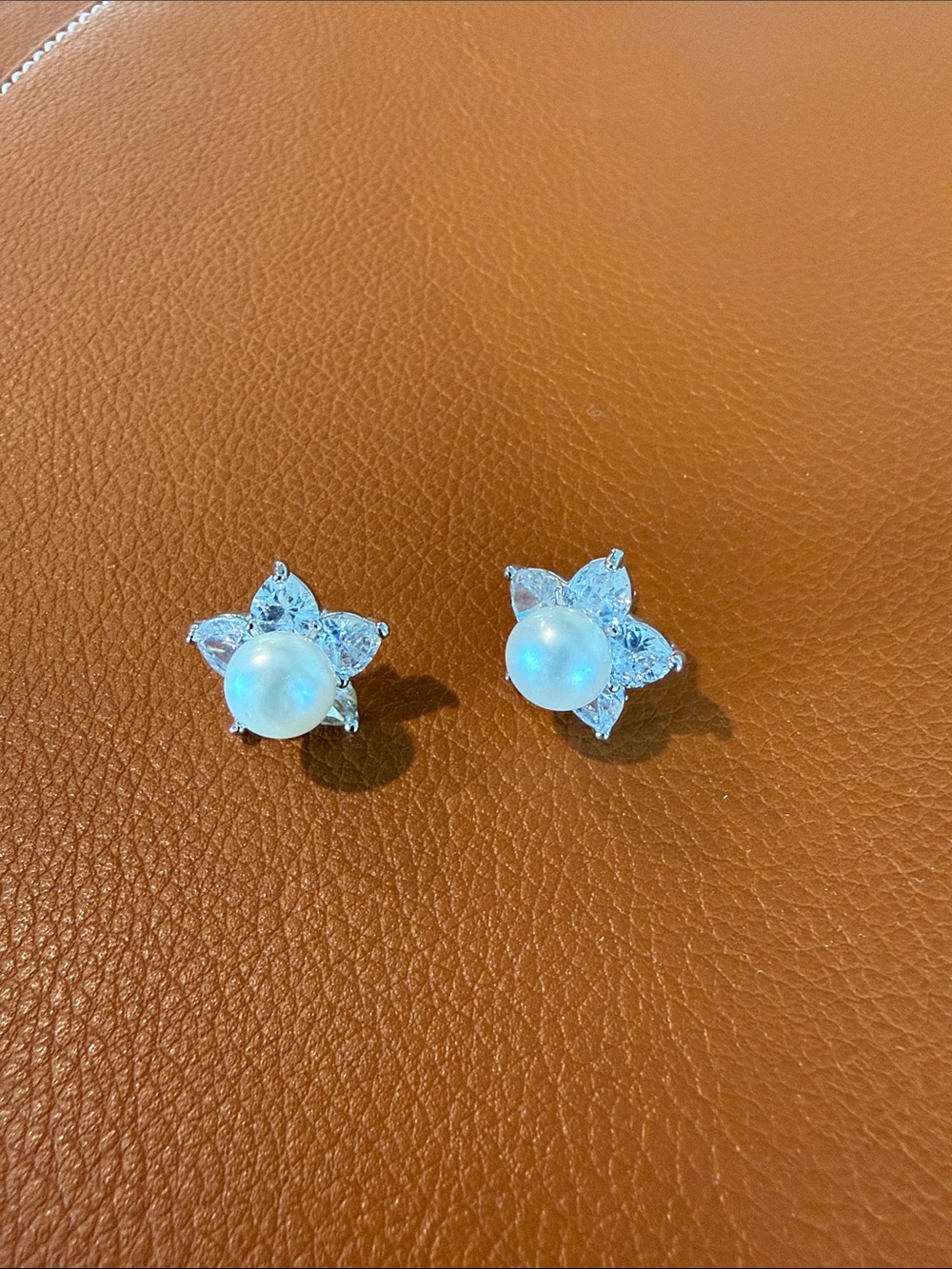 Silver Pearl & Crystal Flower Stud Earrings - White